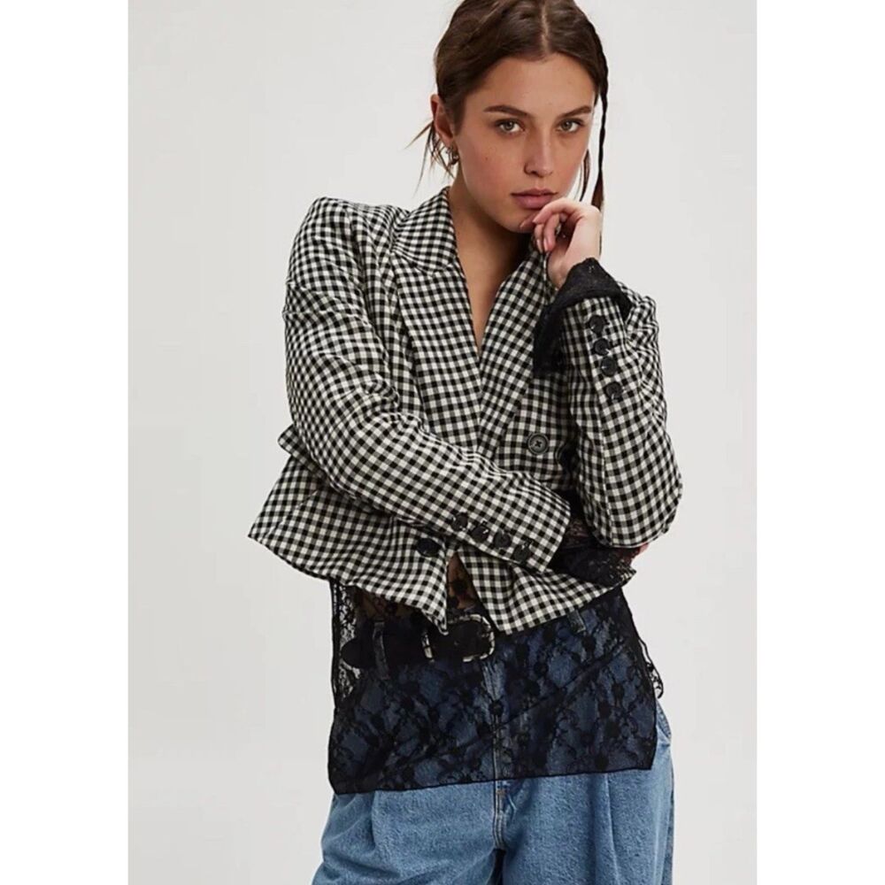 Free People Betty Blazer Cropped Houndstooth Double Breasted Jacket Women’s Med